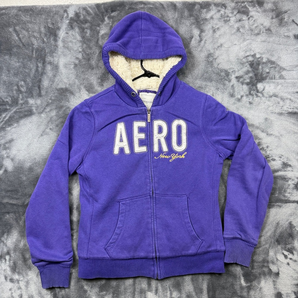 Aeropostale Hoodie Womens Large Purple Sherpa Lined Full Zip Aero Sweatshirt